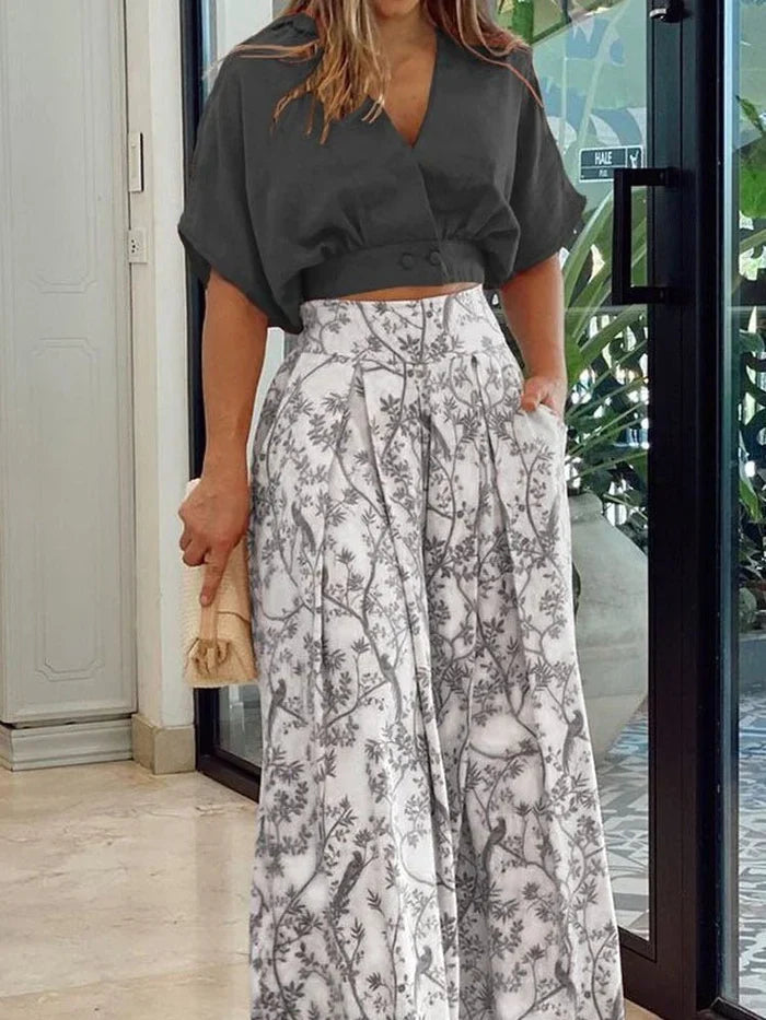 Tweedelige set - Bijpassend - Bijgesneden - Wijde Broek met wijde pijpen - Dameskleding-Boetiek Moda