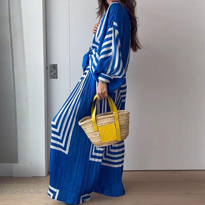 Tweedelige set | Blauw | Lange Mouwen | Broek met Wijde Pijpen en Top | Tweedelige Damesset-Boetiek Moda