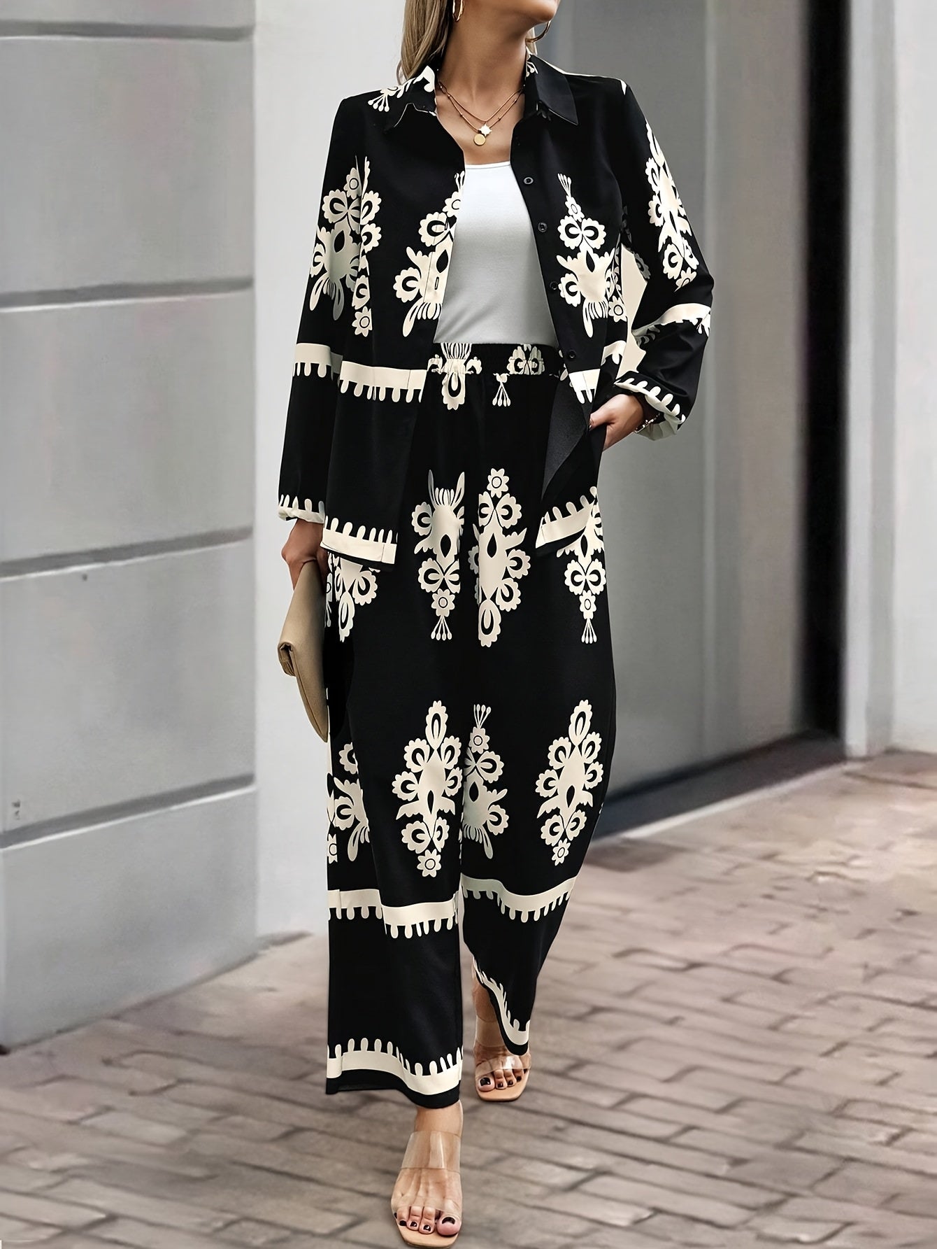 Tweedelige set - Broek met wijde pijpen - Blazer - Coord set - Dameskleding-Boetiek Moda