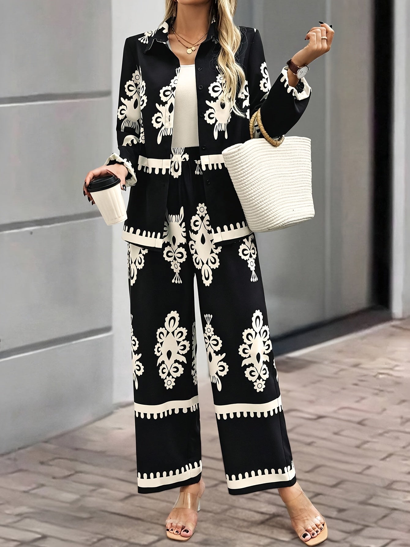 Tweedelige set - Broek met wijde pijpen - Blazer - Coord set - Dameskleding-Boetiek Moda