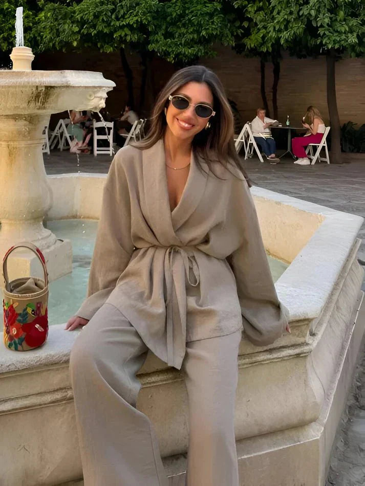 Tweedelige set - Dames Kimono met losse pasvorm en wijde broek in één set-Boetiek Moda