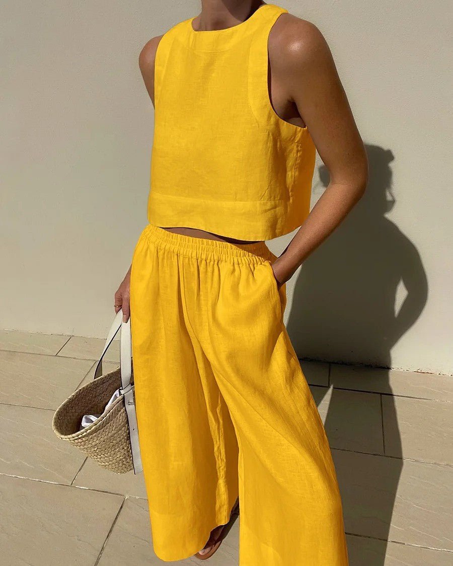Tweedelige set - Linnen broek met wijde pijpen en top voor dames, perfect voor de zomer-Boetiek Moda