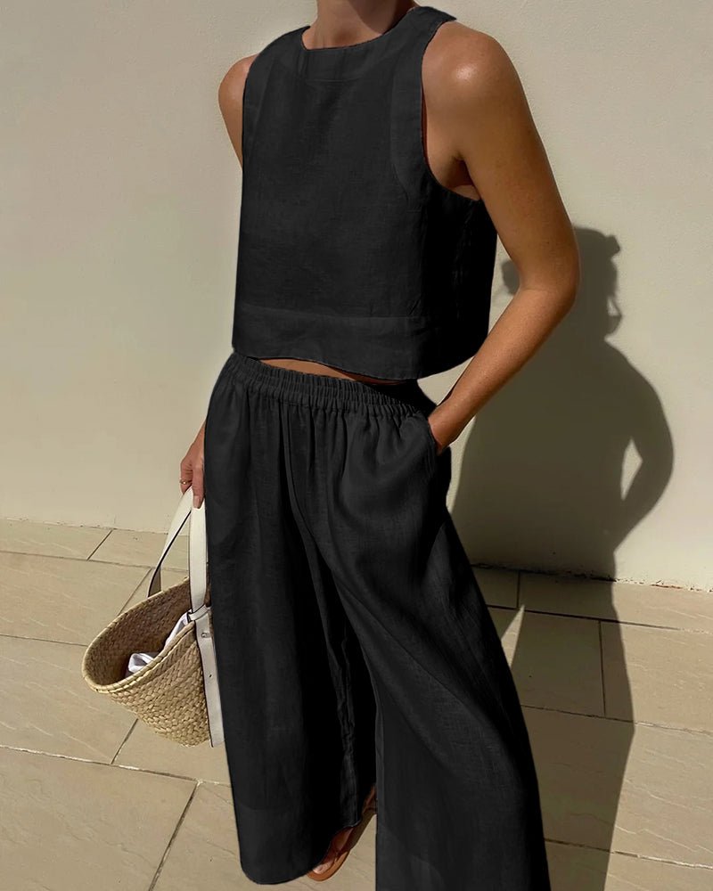 Tweedelige set - Linnen broek met wijde pijpen en top voor dames, perfect voor de zomer-Boetiek Moda