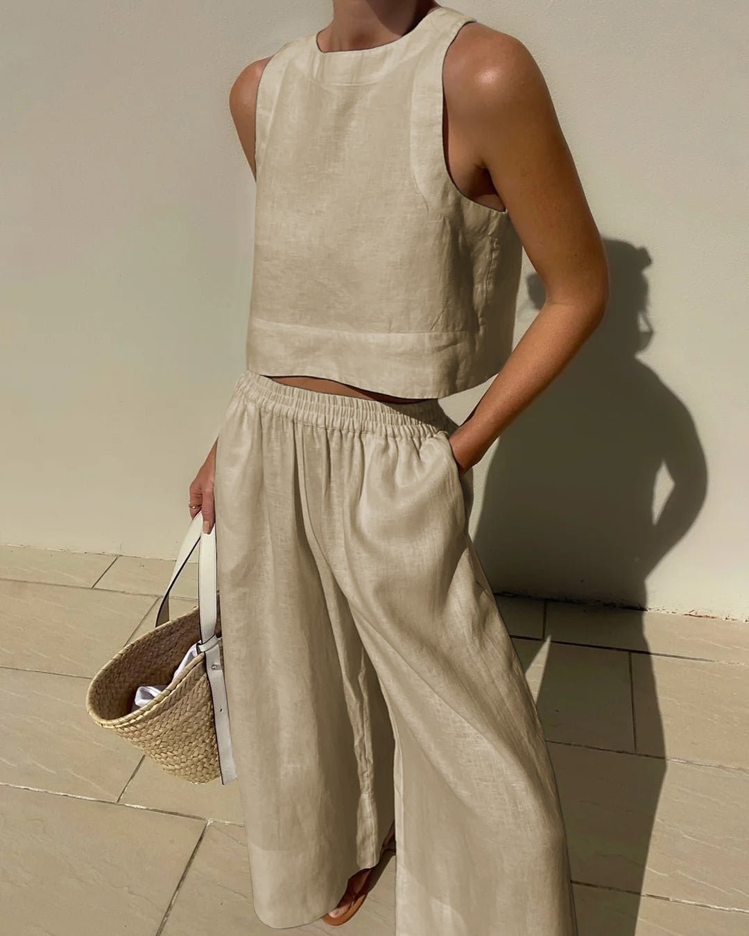 Tweedelige set - Linnen broek met wijde pijpen en top voor dames, perfect voor de zomer-Boetiek Moda