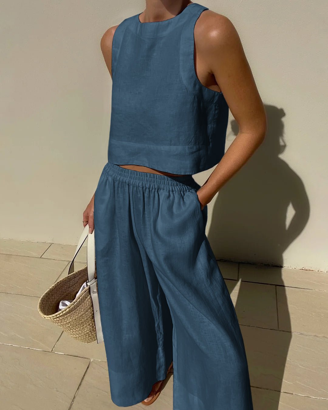 Tweedelige set - Linnen broek met wijde pijpen en top voor dames, perfect voor de zomer-Boetiek Moda