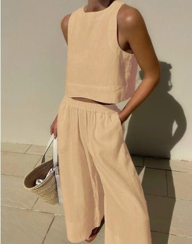 Tweedelige set - Linnen broek met wijde pijpen en top voor dames, perfect voor de zomer-Boetiek Moda