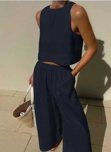 Tweedelige set - Linnen broek met wijde pijpen en top voor dames, perfect voor de zomer-Boetiek Moda