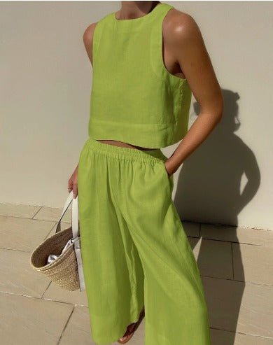Tweedelige set - Linnen broek met wijde pijpen en top voor dames, perfect voor de zomer-Boetiek Moda