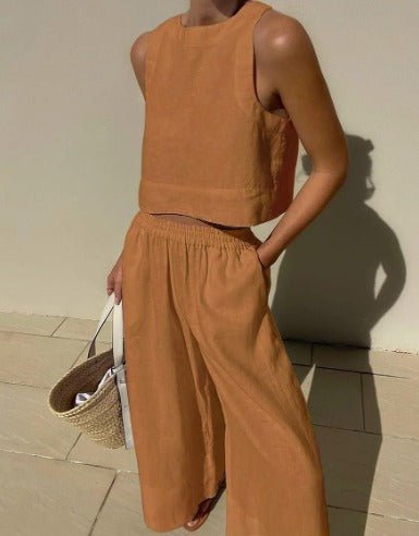 Tweedelige set - Linnen broek met wijde pijpen en top voor dames, perfect voor de zomer-Boetiek Moda