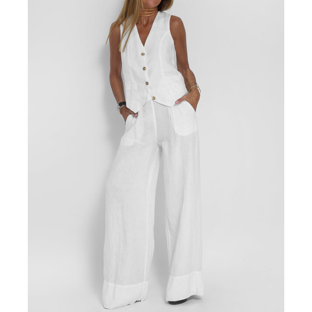 Tweedelige set - Wijde pijpen - Mouwloos - Linnen Kleding Linnen kleding - Dameskleding-Boetiek Moda