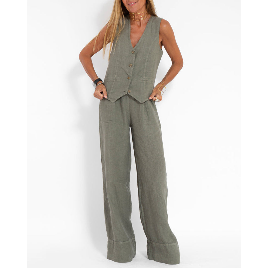 Tweedelige set - Wijde pijpen - Mouwloos - Linnen Kleding Linnen kleding - Dameskleding-Boetiek Moda