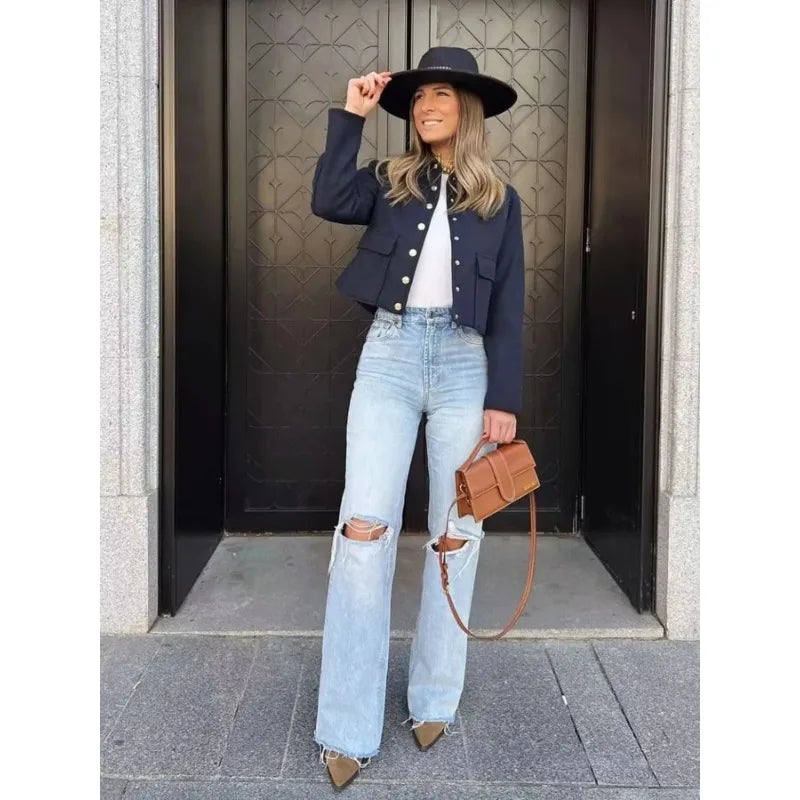 Utility Jacket - Kort damesjasje met kraag en knopen-Boetiek Moda