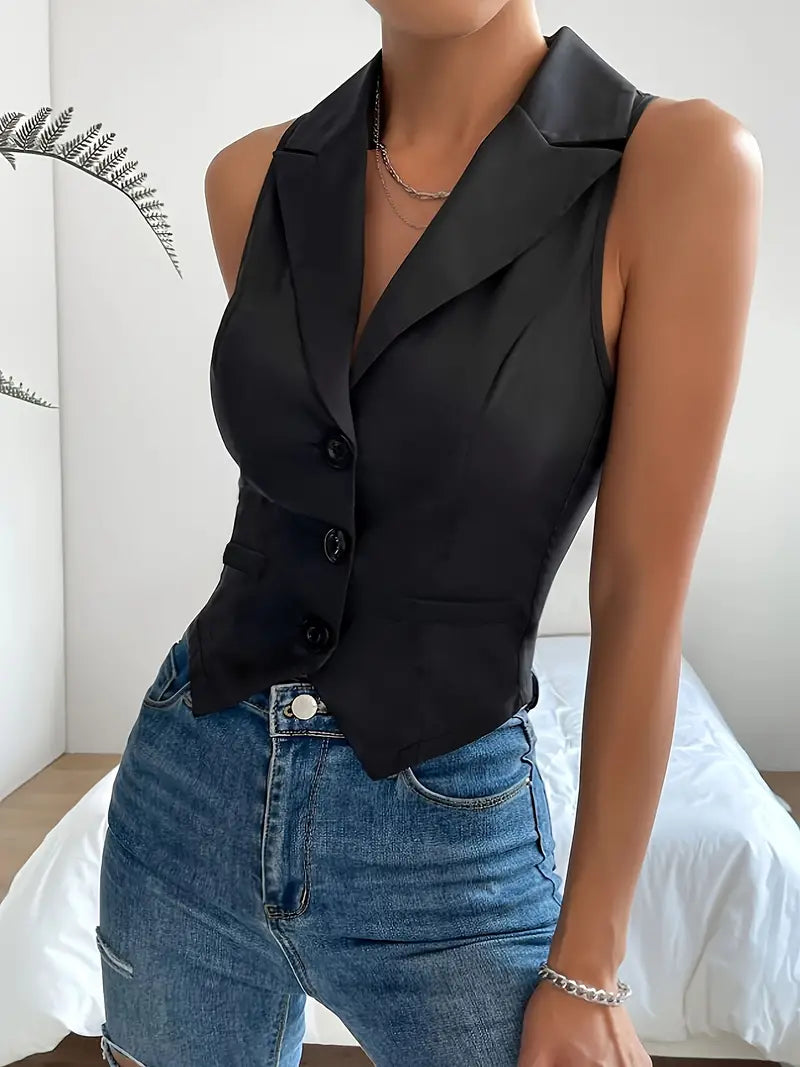 Vest Top - Enkelborstig - Mouwloos - Zwart Vest - Damesvest-Boetiek Moda