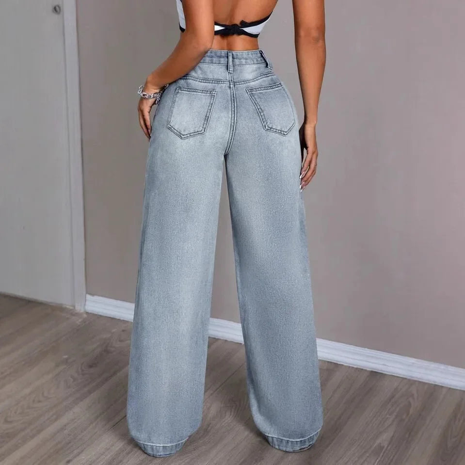 Wide Leg Jeans - Lichtblauw - Hoge taille - Baggy jeans - Damesjeans-Boetiek Moda