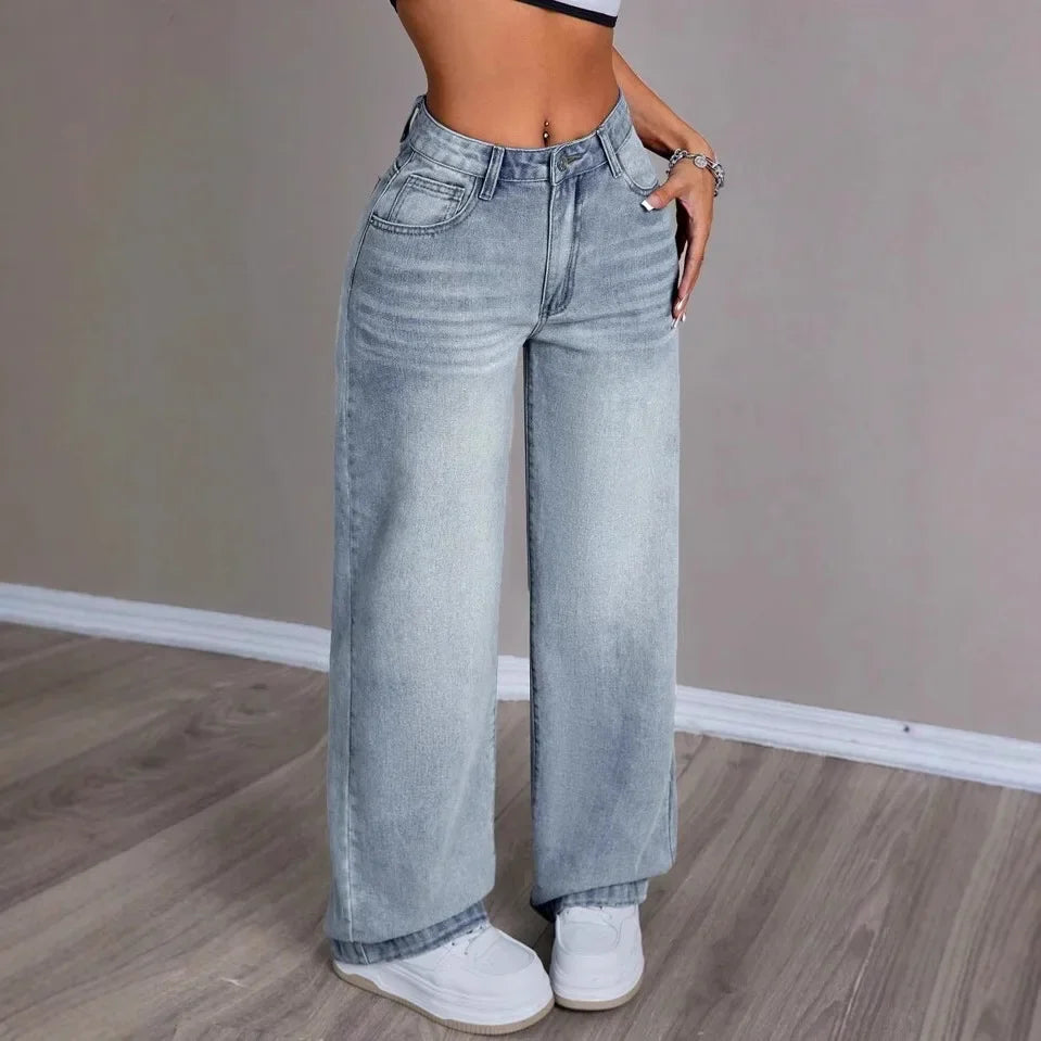 Wide Leg Jeans - Lichtblauw - Hoge taille - Baggy jeans - Damesjeans-Boetiek Moda