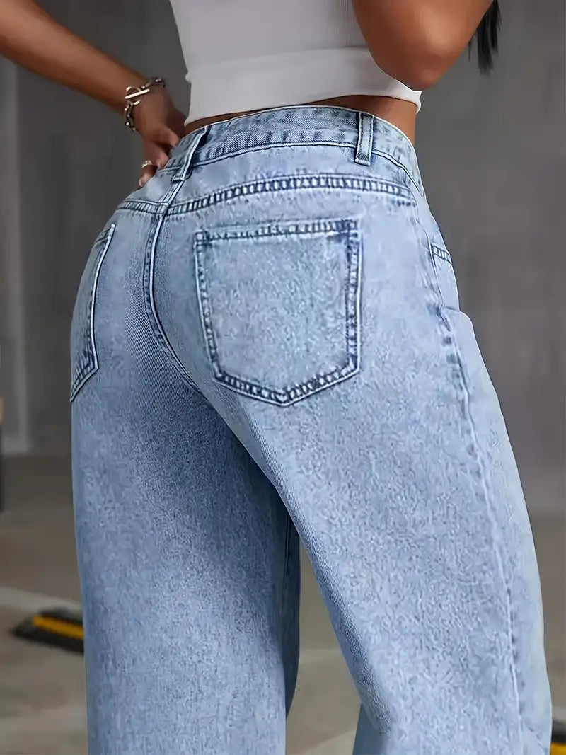 Wide Leg Jeans - Lichtblauw - Normale taille - Losse jeans - Damesjeans-Boetiek Moda