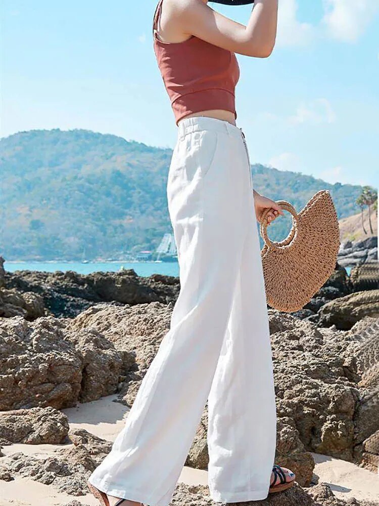 Wijde Broek - Lichtgewicht linnen broek met hoge taille voor dames voor de zomer-Boetiek Moda