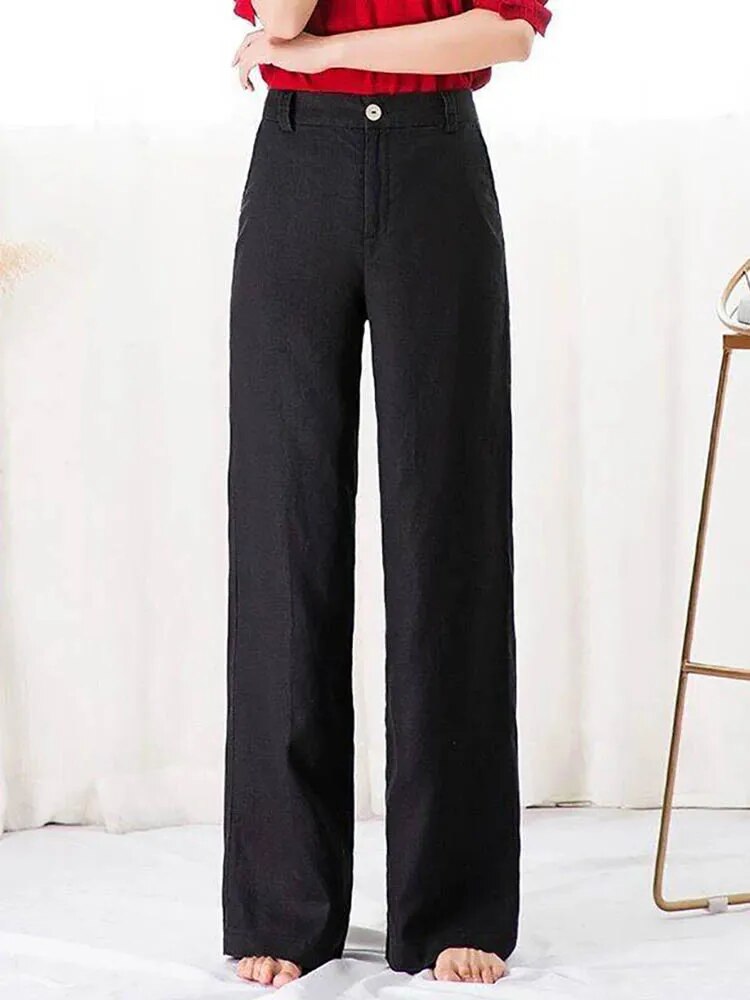 Wijde Broek - Lichtgewicht linnen broek met hoge taille voor dames voor de zomer-Boetiek Moda