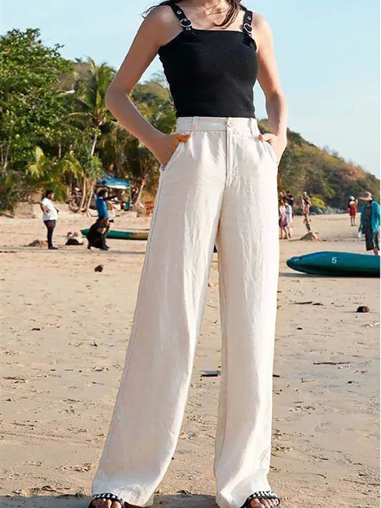 Wijde Broek - Lichtgewicht linnen broek met hoge taille voor dames voor de zomer-Boetiek Moda