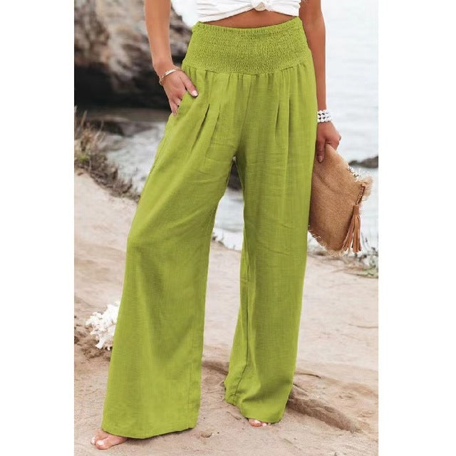 Wijde broek | Gerimpelde taille | Hoge taille | Linnen broek | Dames zomerbroek-Boetiek Moda