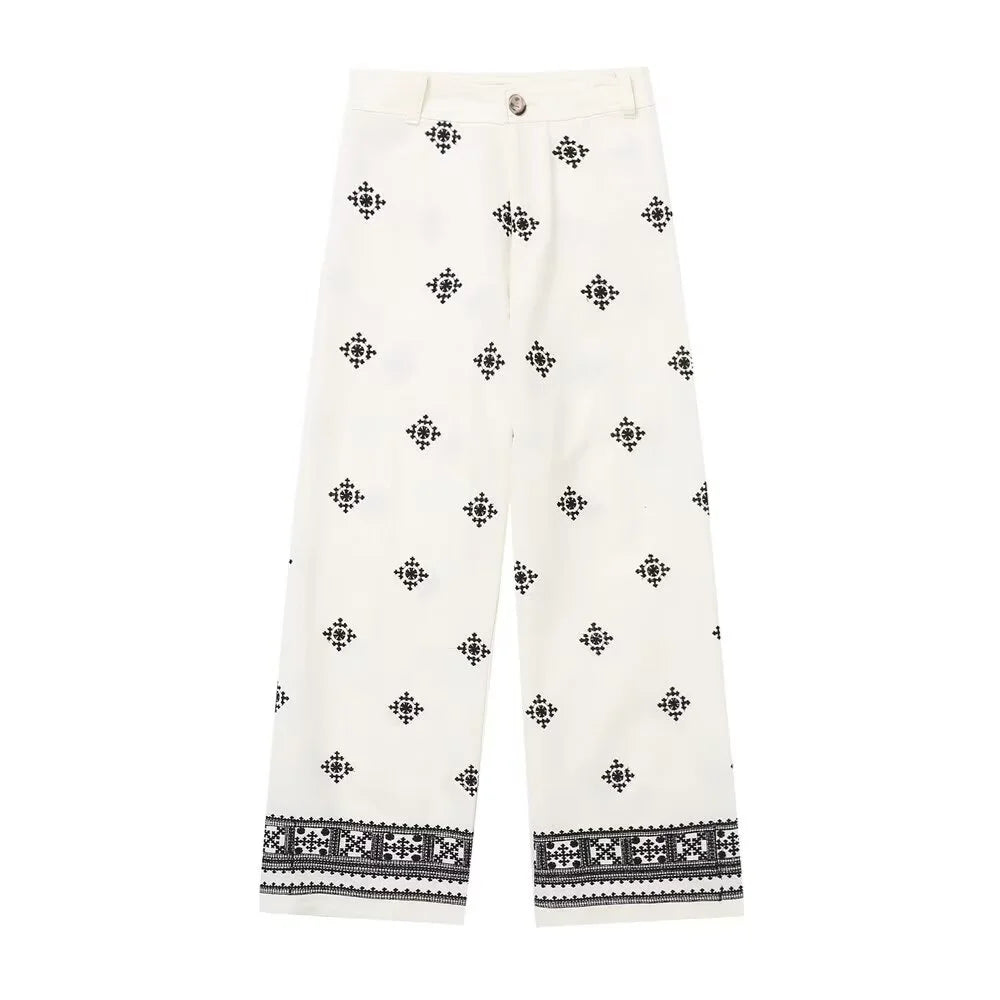 Wijde broek - Hoge taille boho witte zomerbroek voor dames-Boetiek Moda