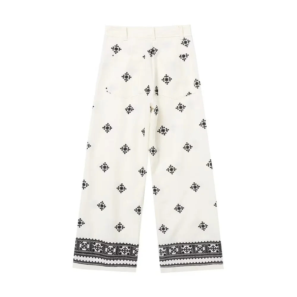 Wijde broek - Hoge taille boho witte zomerbroek voor dames-Boetiek Moda