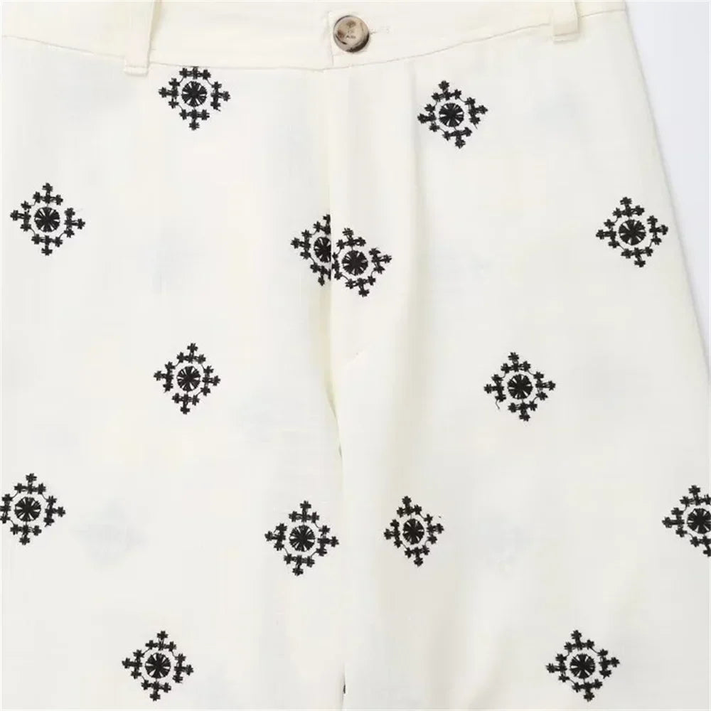 Wijde broek - Hoge taille boho witte zomerbroek voor dames-Boetiek Moda