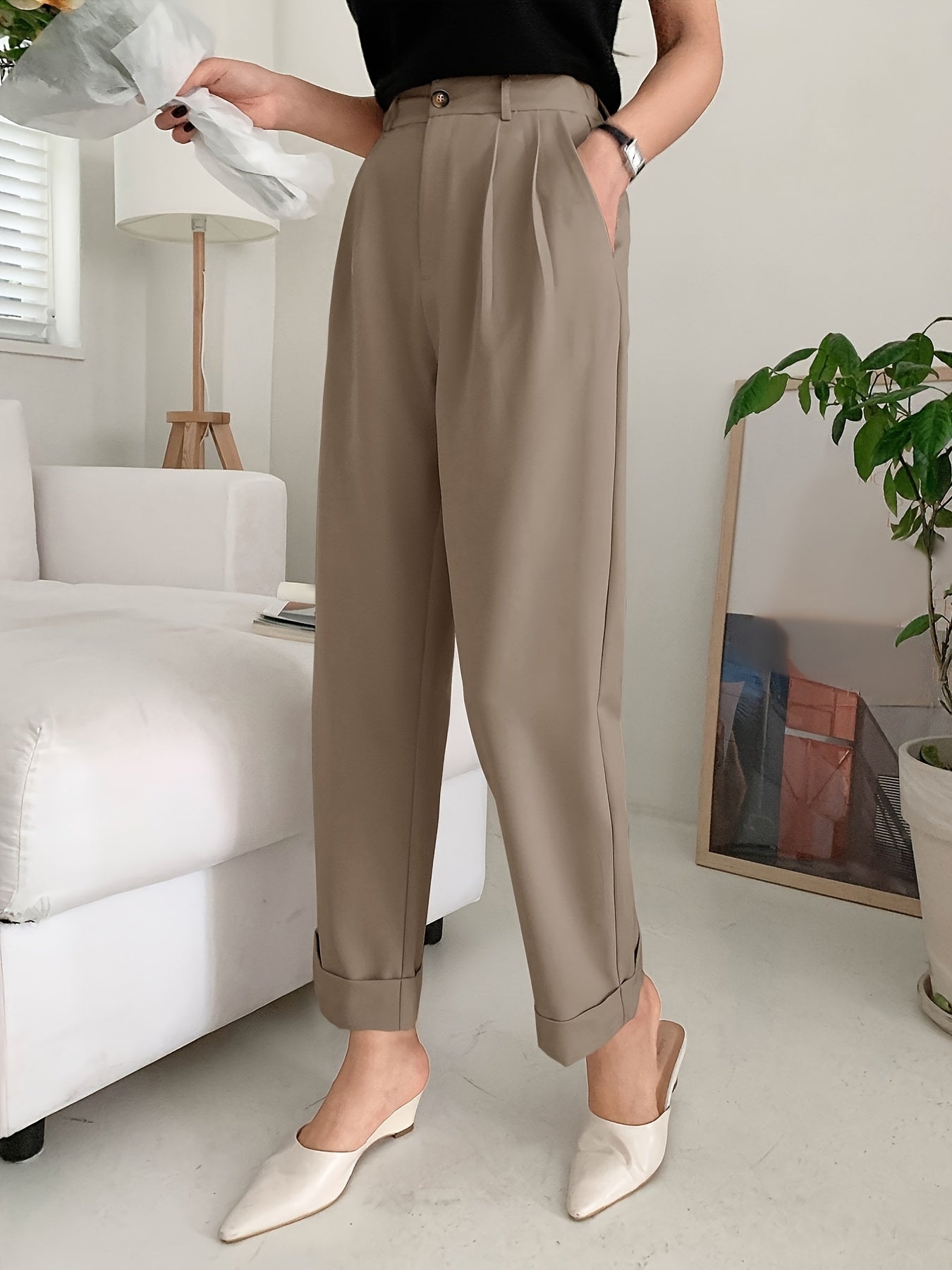 Wijde broek - Plooien - Hoge taille - Wijde pijpen - Damesbroek-Boetiek Moda