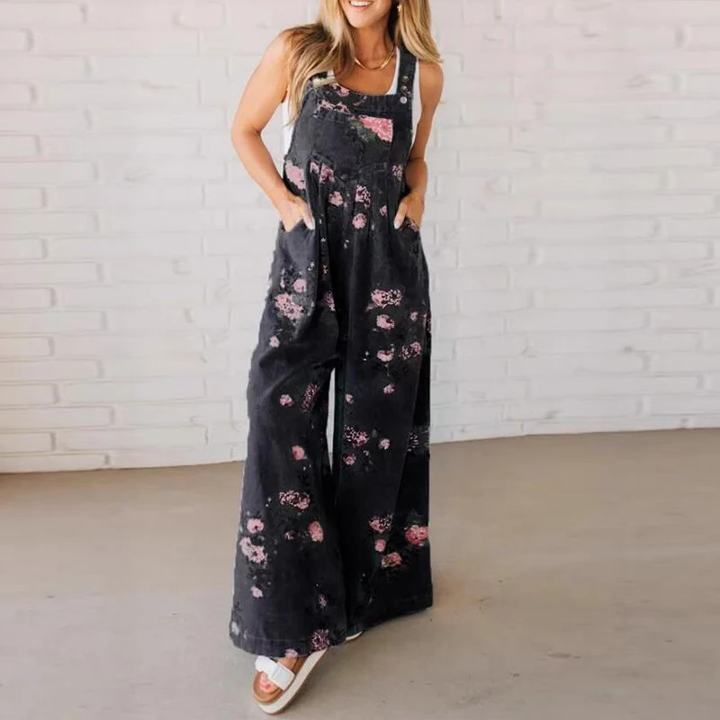 Wijde broek met bretels - Bloemenprint - Denim - Overalls - Jumpsuit voor dames-Boetiek Moda