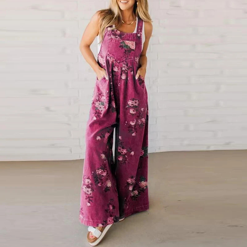 Wijde broek met bretels - Bloemenprint - Denim - Overalls - Jumpsuit voor dames-Boetiek Moda