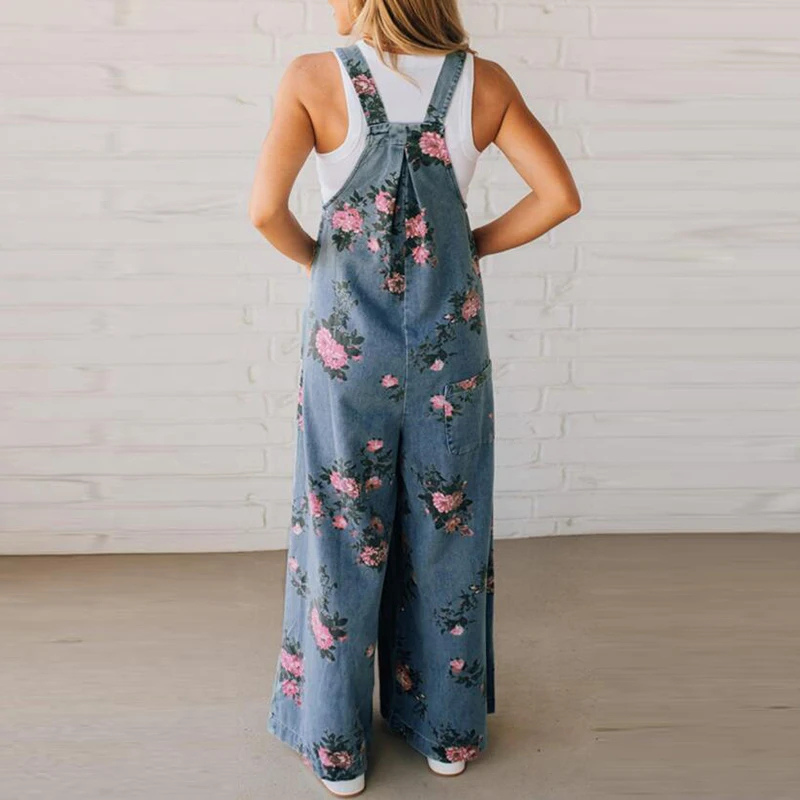 Wijde broek met bretels - Bloemenprint - Denim - Overalls - Jumpsuit voor dames-Boetiek Moda