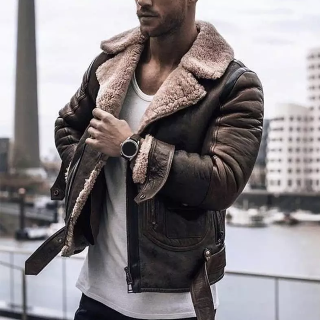 Winter Leren Jas - Sherpa - Bont gevoerd - Bikerjas - Heren Leren Jacke-Boetiek Moda