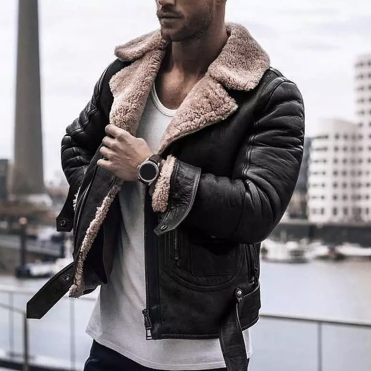 Winter Leren Jas - Sherpa - Bont gevoerd - Bikerjas - Heren Leren Jacke-Boetiek Moda