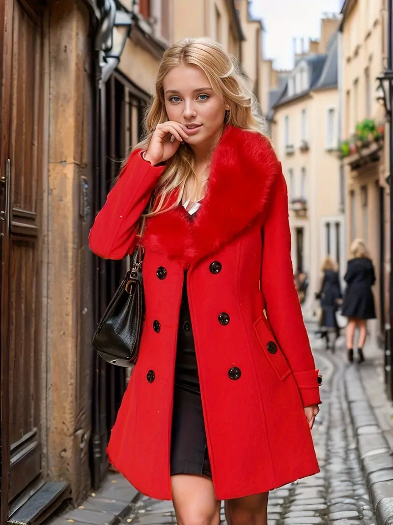 Winterjas - Damesjas met dubbele knoopsluiting, bontkraag en riem-Boetiek Moda