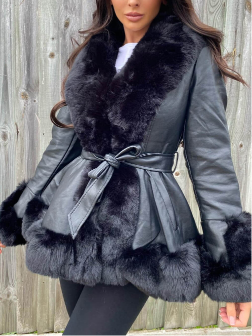 Winterjas - Vrouwen Leren Bontjas met Riem-Boetiek Moda