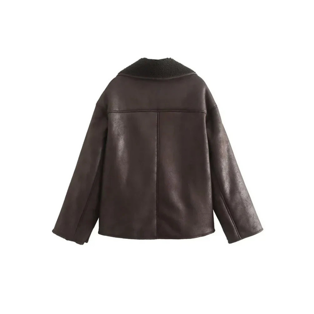 Winterleren jas - Bruin - Relaxed fit - Met fleece gevoerde jas - Winterjas voor dames-Boetiek Moda