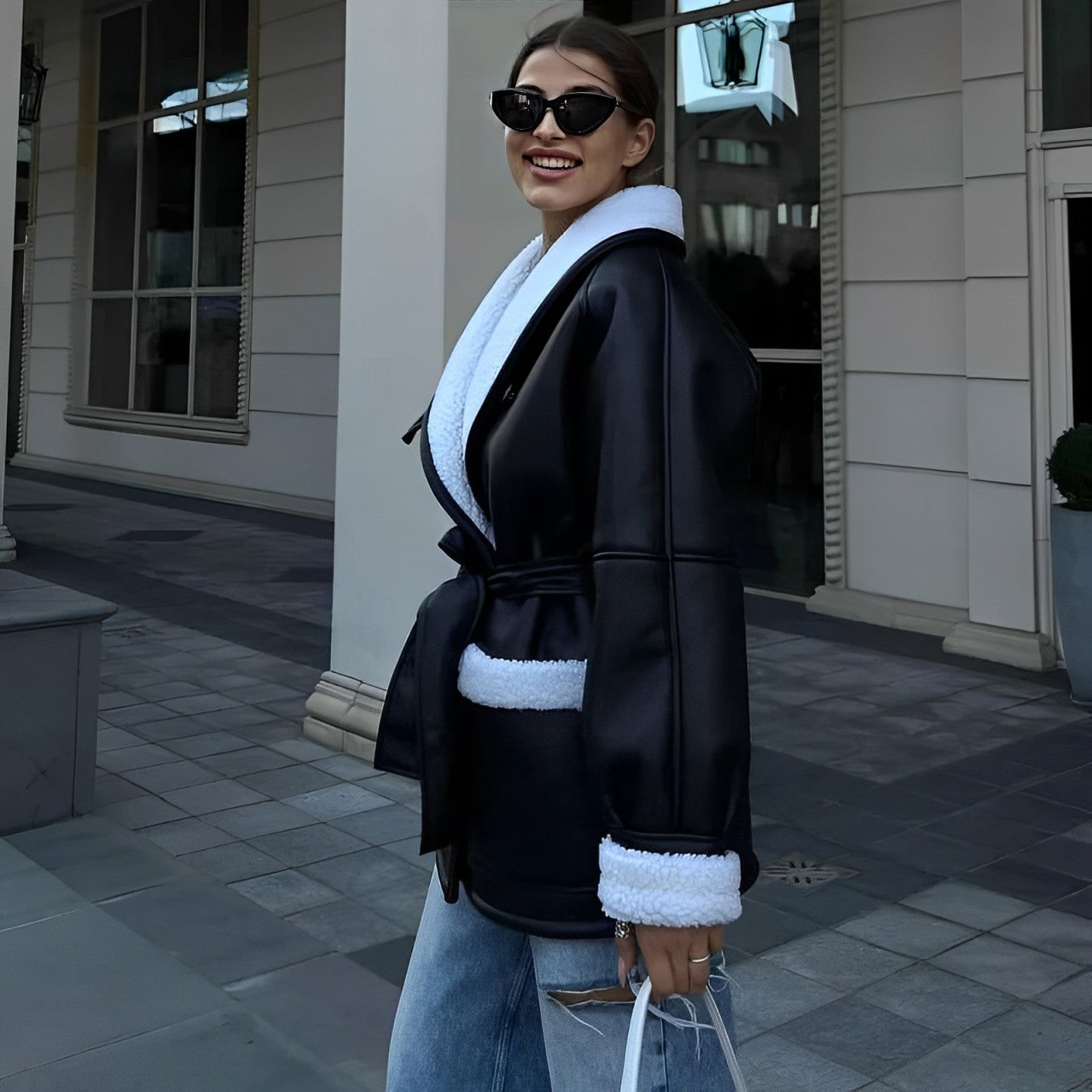 Winterleren jas - Damesfleece met sherpa voering en riem-Boetiek Moda