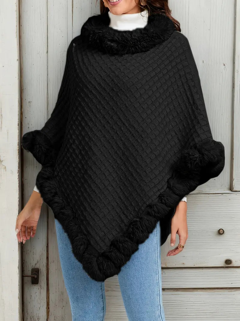 Winterponcho | Nepbont | Hoge kraag | Poncho met bontrand | Damesponcho-Boetiek Moda