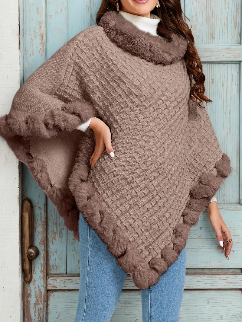 Winterponcho | Nepbont | Hoge kraag | Poncho met bontrand | Damesponcho-Boetiek Moda