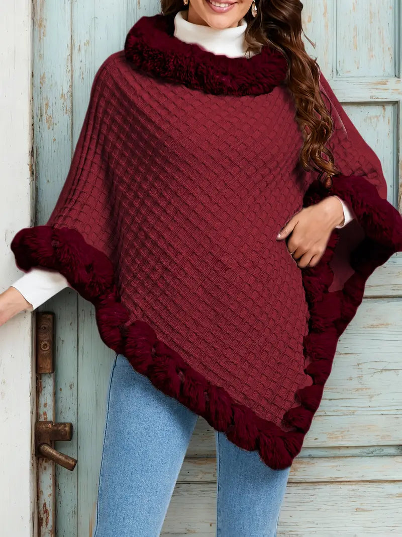 Winterponcho | Nepbont | Hoge kraag | Poncho met bontrand | Damesponcho-Boetiek Moda