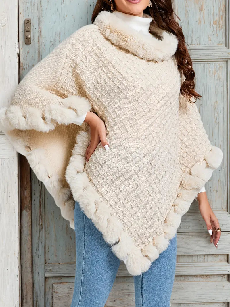 Winterponcho | Nepbont | Hoge kraag | Poncho met bontrand | Damesponcho-Boetiek Moda