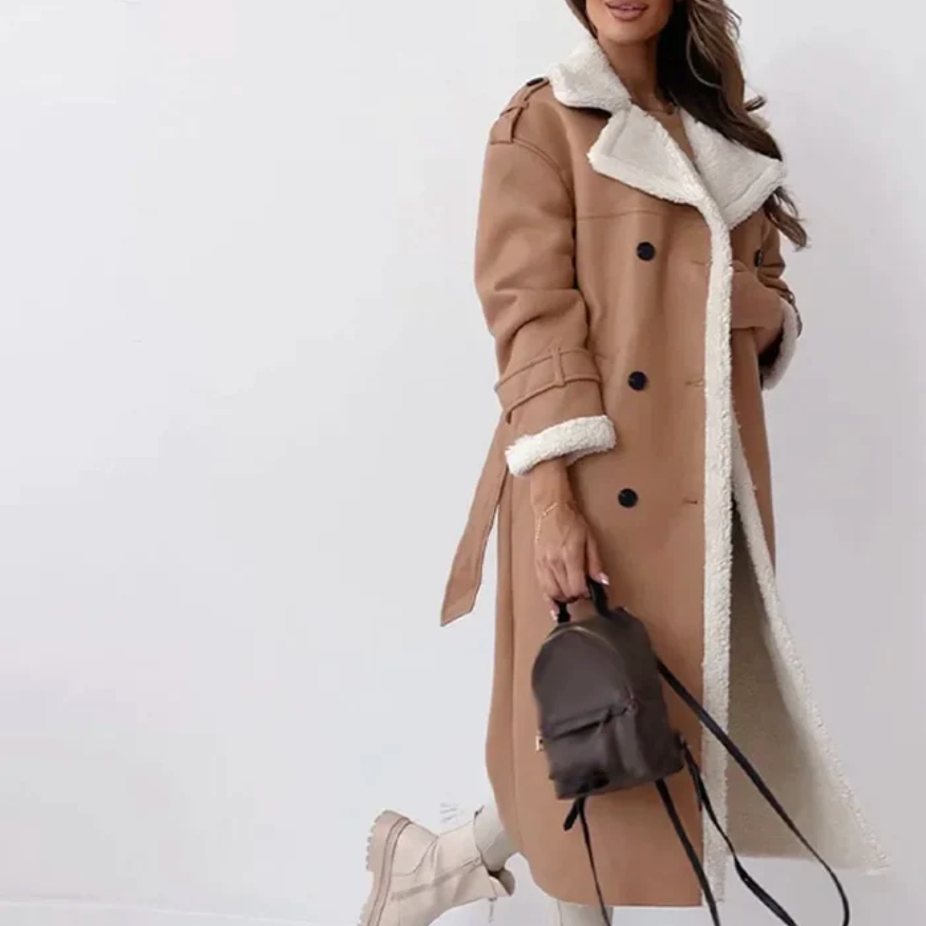 Wintertrenchcoat - Lange damesjas met dubbele knoopsluiting en fleecevoering-Boetiek Moda
