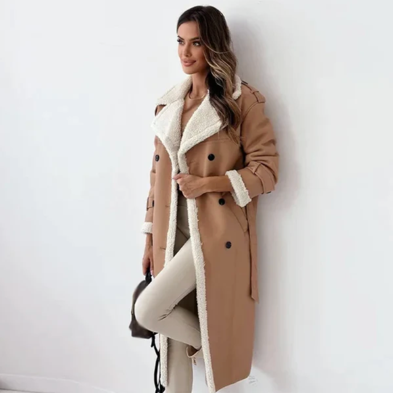 Wintertrenchcoat - Lange damesjas met dubbele knoopsluiting en fleecevoering-Boetiek Moda