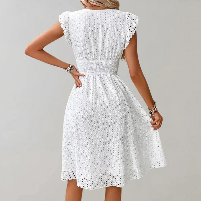 Witte jurk | V-hals | Mouwloos | Oogjesjurk | Zomerjurk-Boetiek Moda