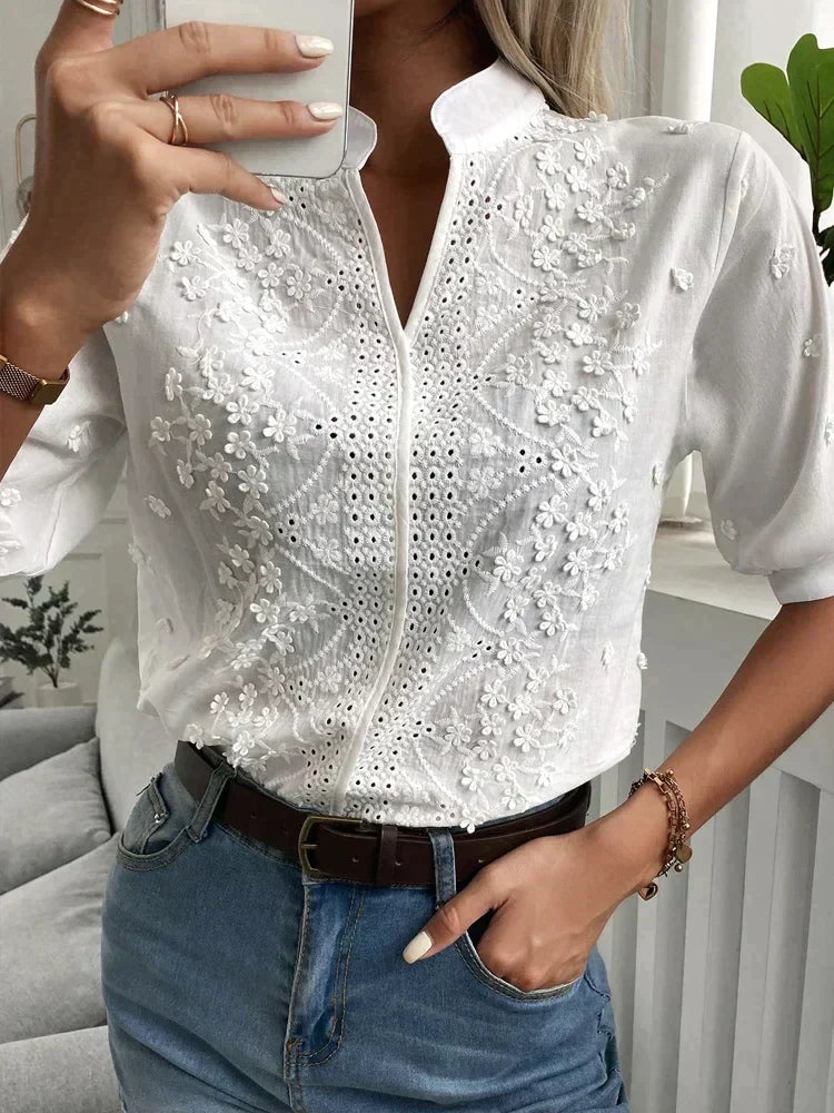 Witte top - Geborduurde Eyelet blouse met korte mouwen voor dames-Boetiek Moda