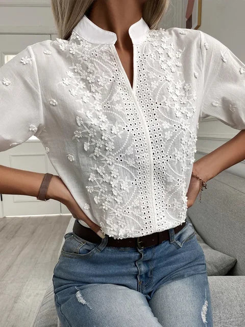 Witte top - Geborduurde Eyelet blouse met korte mouwen voor dames-Boetiek Moda