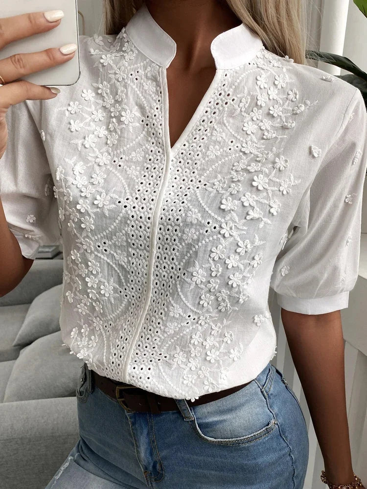 Witte top - Geborduurde Eyelet blouse met korte mouwen voor dames-Boetiek Moda