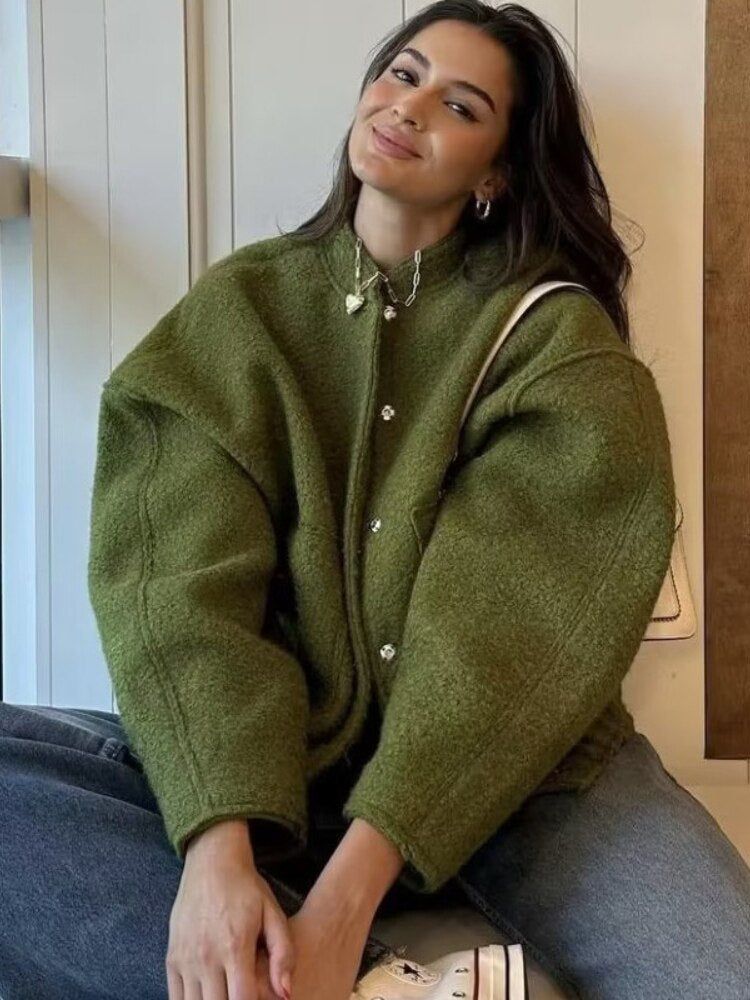 Wollen Jas - Knoopsluiting - Kort - Oversized Jas - Winterjas Dames-Boetiek Moda