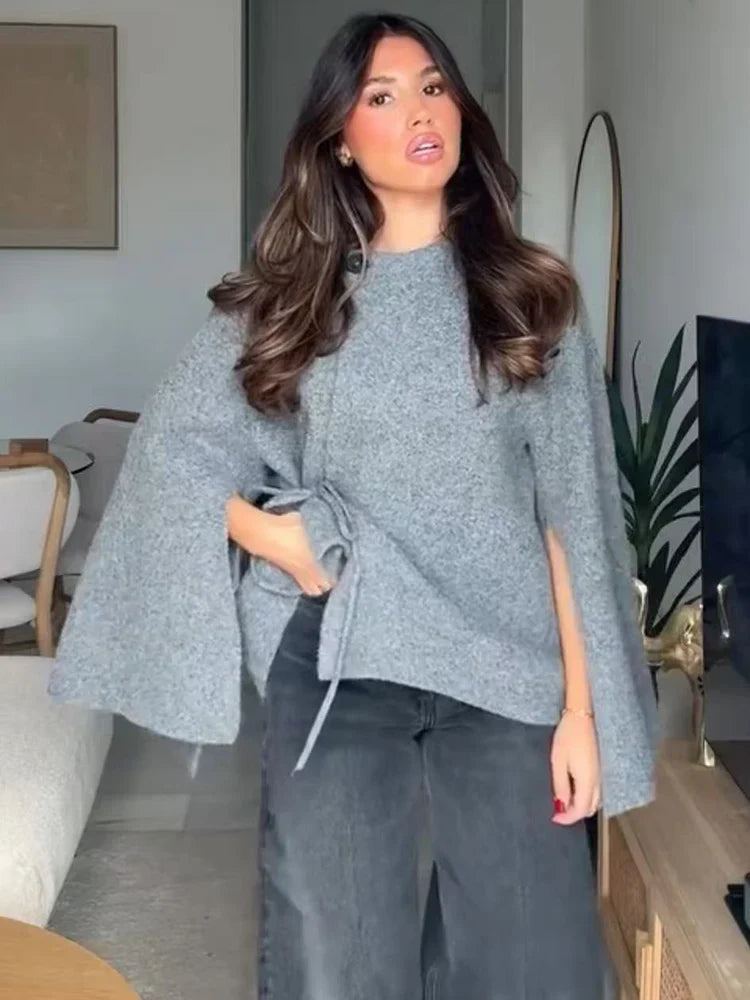 Wrap-trui - Grijs - Kantjes aan de zijkant - Gebreide trui - Damesvest-Boetiek Moda