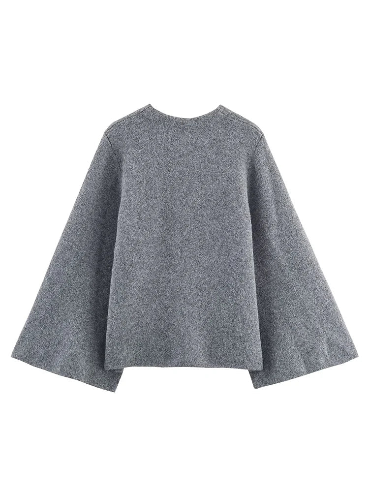 Wrap-trui - Grijs - Kantjes aan de zijkant - Gebreide trui - Damesvest-Boetiek Moda